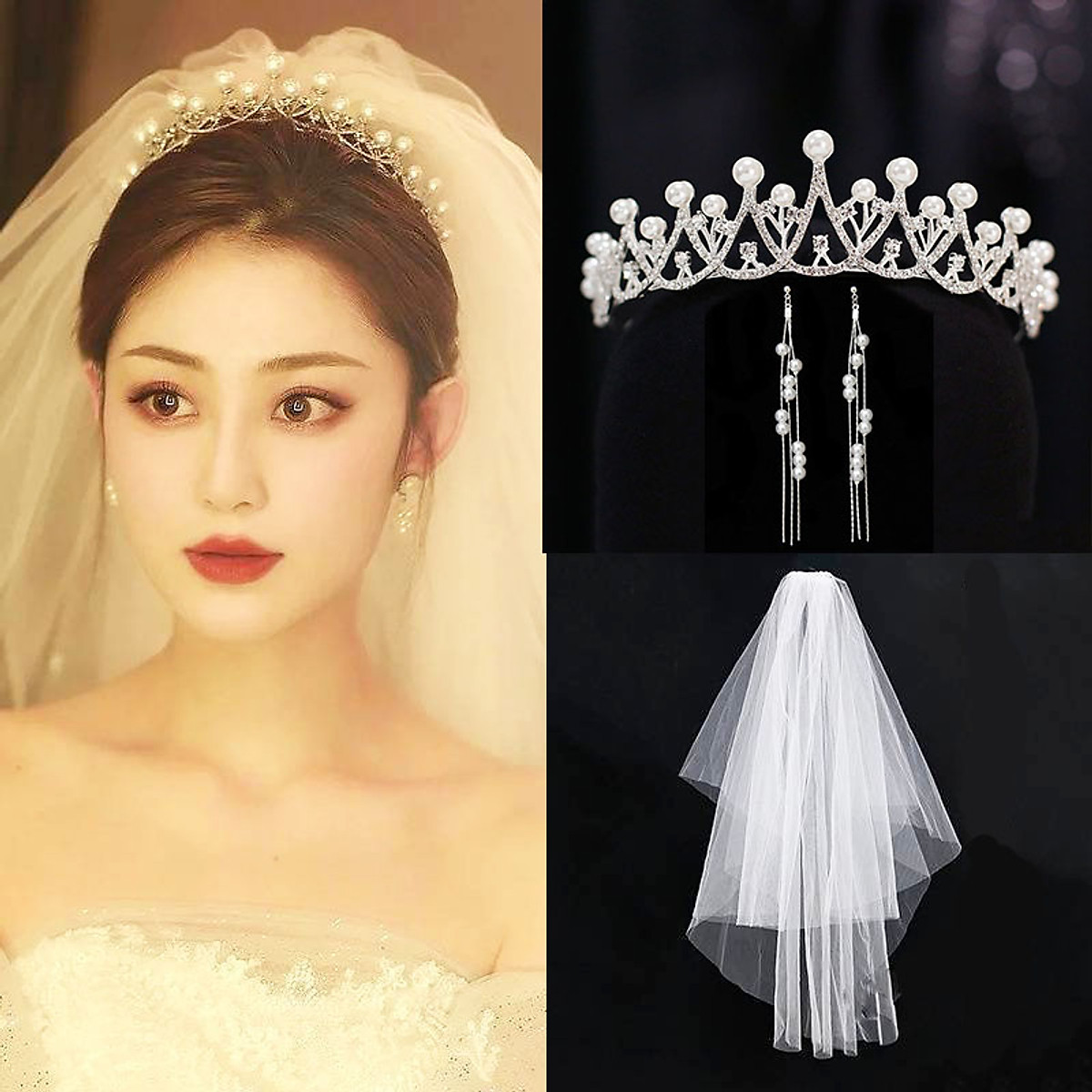 Set Phụ Kiện Cài Tóc Cô Dâu (Vương miện, Trâm cài)